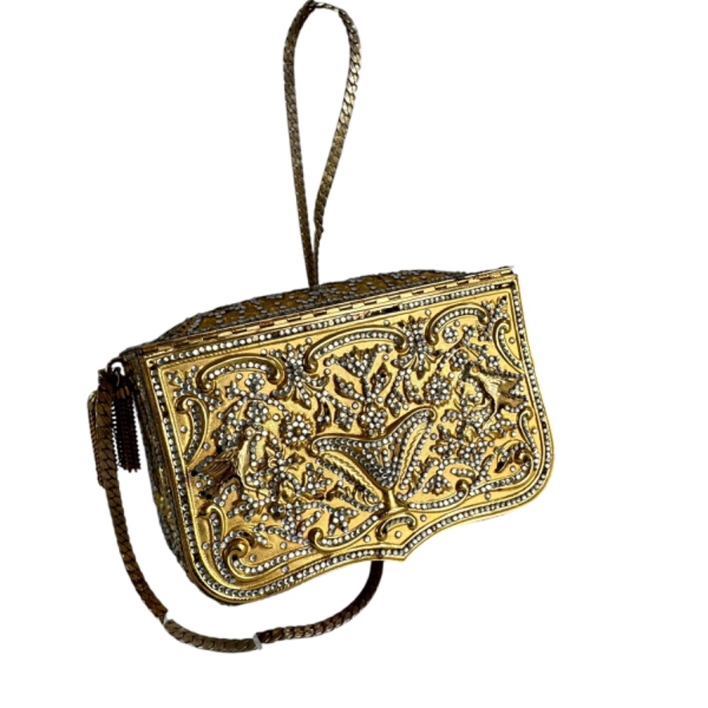 Rare Vintage JUDITH LEIBER Minaudière Gold Crystal Gilded Stamp Clutch Bag
